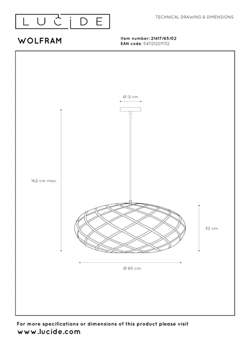 Lucide WOLFRAM - Suspension - Ø 65 cm - 1xE27 - Or Mat / Laiton - technique